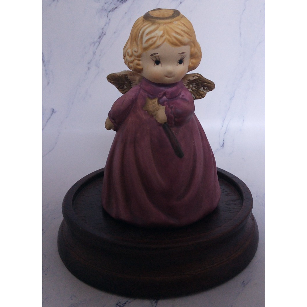 Ceramic Angel With Red Dress And Wand Bell With Wood Stand